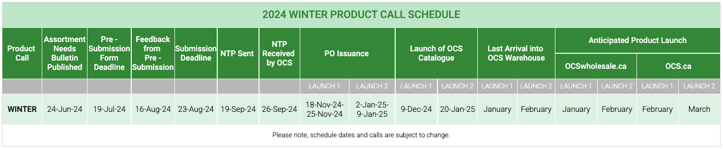 2024 Winter Product Call Schedule